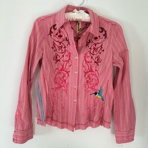 Johnny Was 3J Workshop Pink Striped Embroidered Button Down Shirt